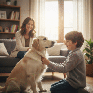 כלבנות טיפולית ברחובות, מטפלת ילד וגולדן רטריבר בקליניקה, הילד מלטף את הכלב הטיפולי